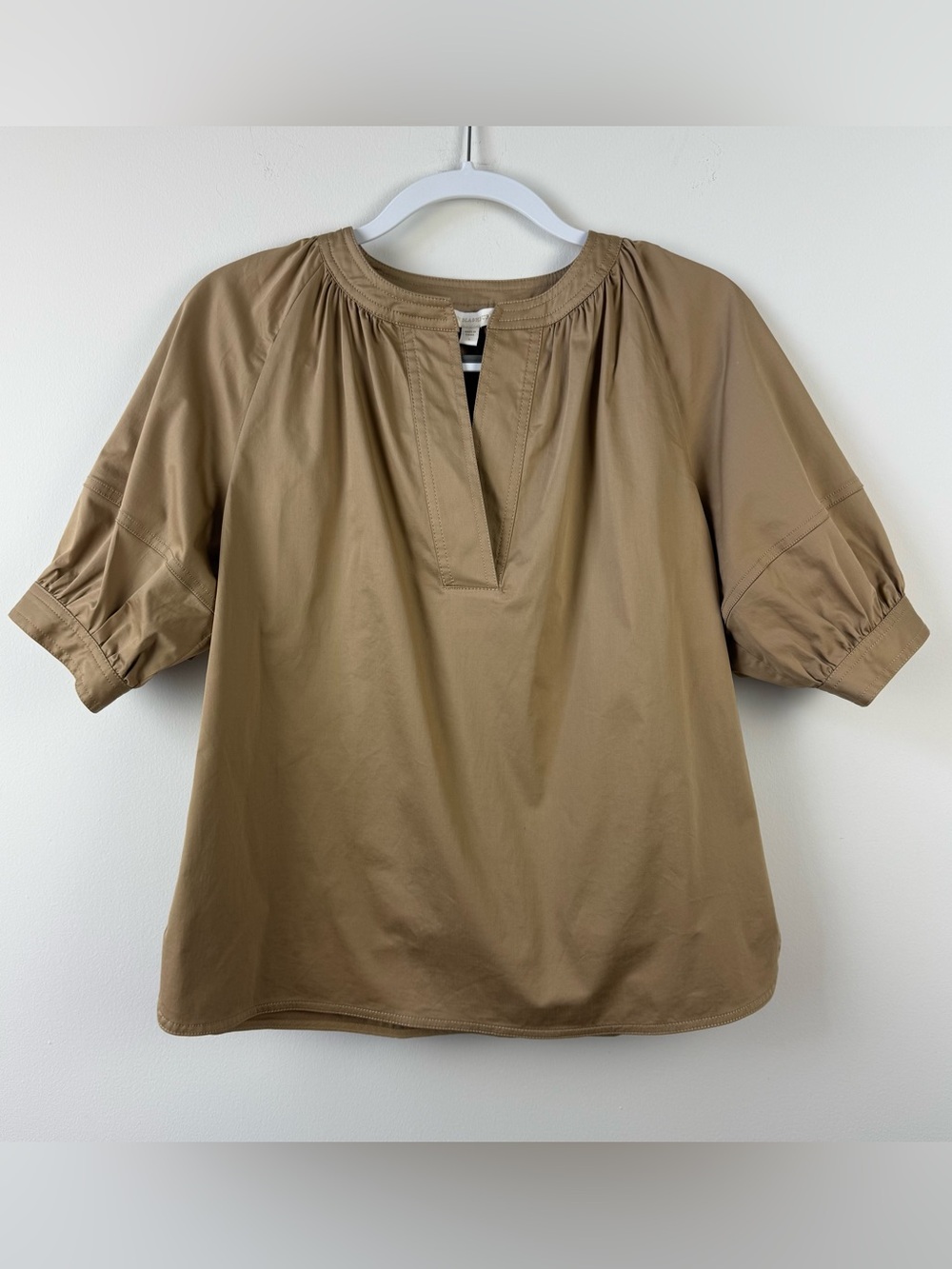 Ann Mashburn Split V-Neck Popover Blouse Tan